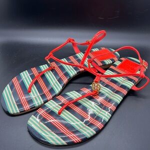Tory Burch Emmy Habanero Stripe Ankle T Strap Buckle Logo Sandals, Sz 9